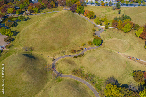 Aerial view of Tumuli park containing several royal tombs in Gyeongju, Republic of Korea photo