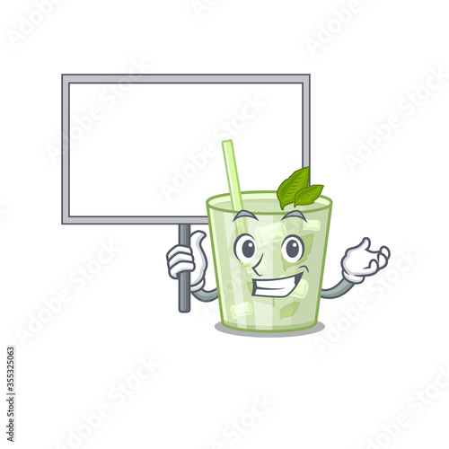 Cartoon picture of mojito lemon cocktail mascot design style carries a board
