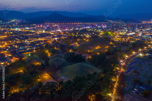 Sunset aerial view of Tumuli park containing several royal tombs in Gyeongju, Republic of Korea photo