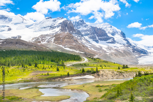 Beautiful view of Icefields Parkway road near the Columbia Icefield in Jasper National Park, Alberta - Canada