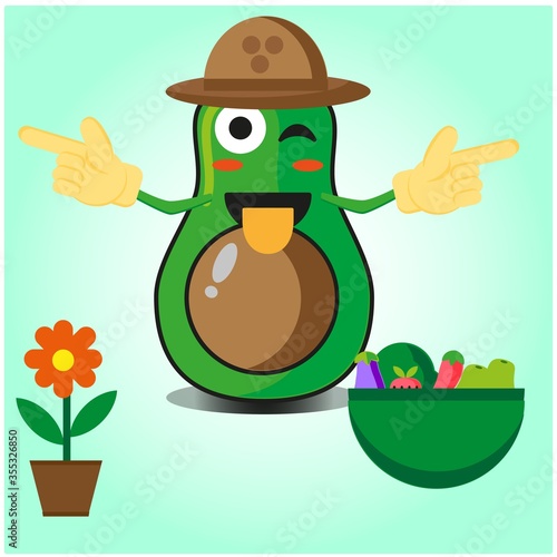 Cute half avocado farmer cartoon character with hat and hands pointing design