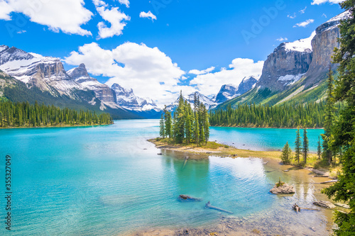 Beautiful view of Spirit Island in Maligne Lake - Jasper National Park, Alberta - Canada