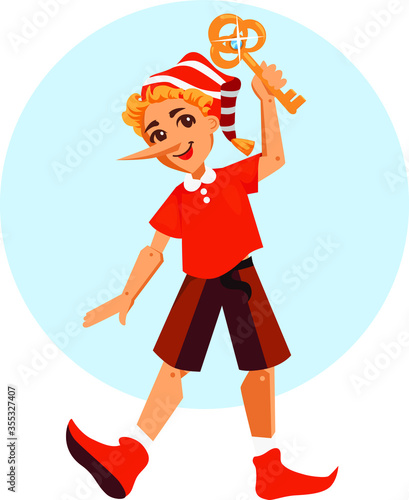 Fairy tale wooden doll Buratino or Pinocchio, puppet in a cap with a long nosea and golden key in a red jacket