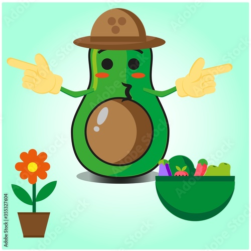 Cute half avocado farmer cartoon character with hat and hands pointing design