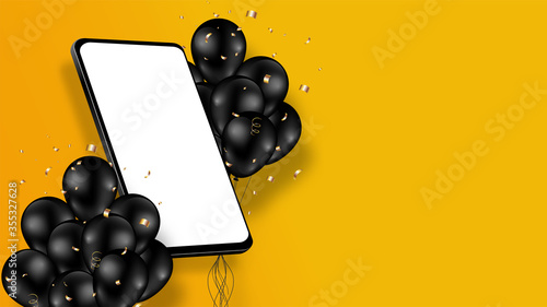 Phone mobile with screen white blank and, black shiny balloons bunch, glitter gold confetti isolated on yellow background. design isometric with space for your messages. Vector illustration.