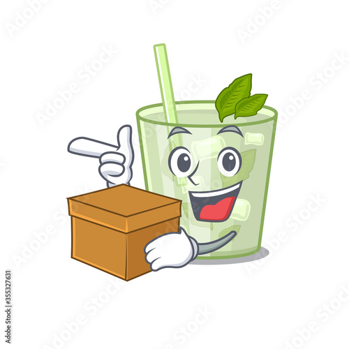 A cheerful mojito lemon cocktail cartoon design concept having a box