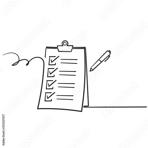 hand drawn doodle clipboard with check mark sign icon illustration line art