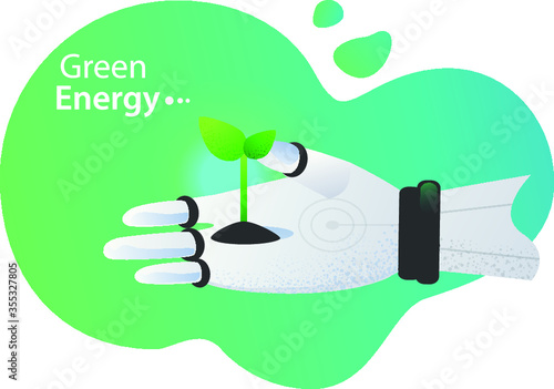 Green energy. Sprout grows in the hands of the robot, environmental protection. Bright vector illustration clean ecological energy and production automation