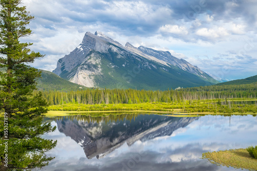 Beautiful view of Vermilion Lakes with Mt Rundle reflecting in the background - Banff National Park, Alberta - Canada