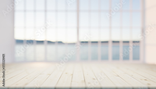 3d rendering of wood countertop product display and blurred window background. © DifferR