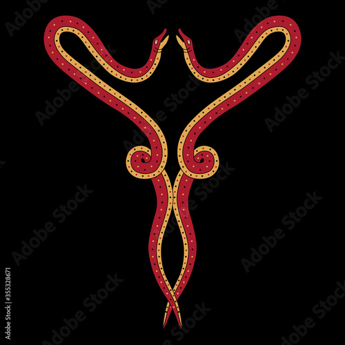 Symmetrical vintage decor with two interwoven snakes. Medieval Gothic illuminated manuscript motif.