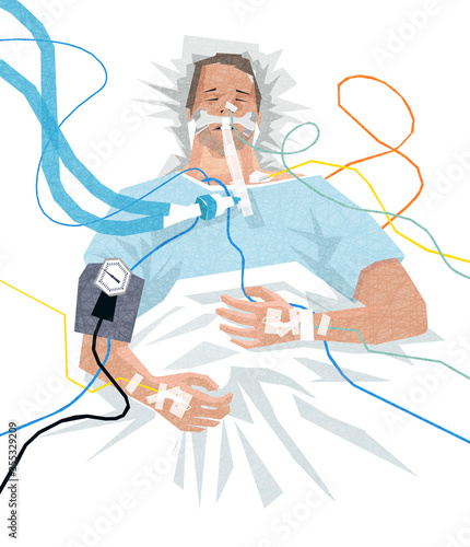 Illustration of a COVID-19 patient in the hospital on a ventilator, with IVs, feeding tube, blood pressure cuff.