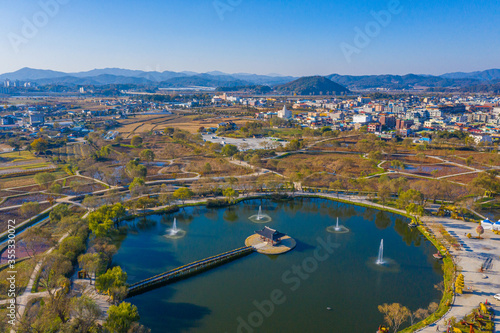 Aerial view of Gungnamji pond in Buyeo, Republic of Korea photo