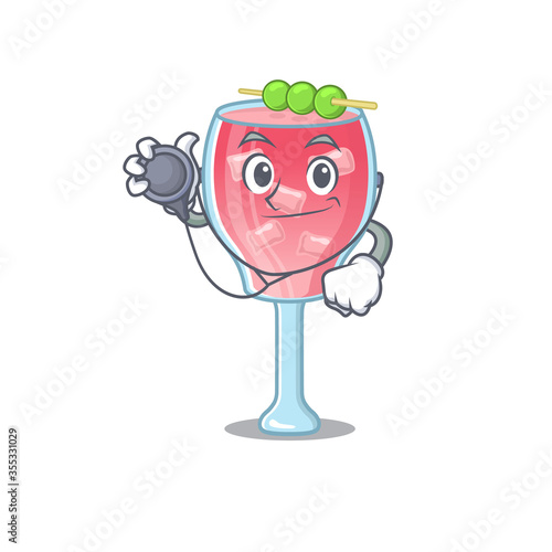 Smiley doctor cartoon character of cosmopolitan cocktail with tools