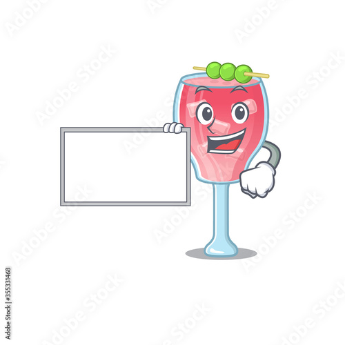 Cartoon character design of cosmopolitan cocktail holding a board