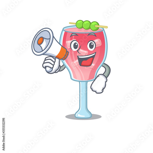 Mascot design of cosmopolitan cocktail announcing new products on a megaphone