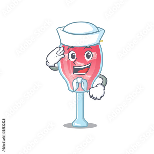 Smiley sailor cartoon character of cosmopolitan cocktail wearing white hat and tie