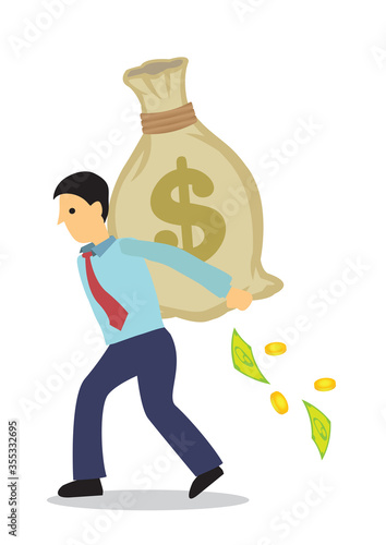 Businessman with a sack of money with a broken wallet