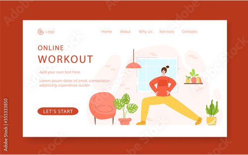 Landing page template - woman doing lunges exercises at home. Indoor fitness workout concept. Home activity for people health and calm. Girl doing sport in living room - vector illustration