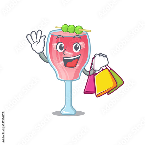 wealthy cosmopolitan cocktail cartoon character with shopping bags