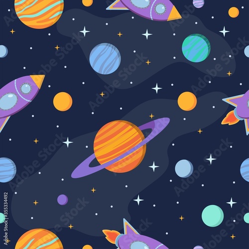 Seamless space pattern. Colorful planets, rockets, galaxy and stars. Cosmic design for textile, fabric, wallpaper.