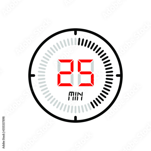 The 25 minute icon isolated on white background. stopwatch vector icon, digital timer. clock and watch, timer, countdown symbol. Vector illustration for logo, web, app, UI.
