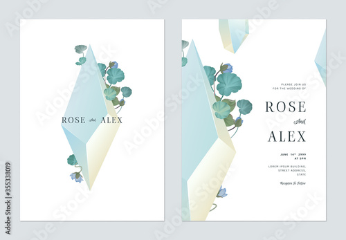 Floral wedding invitation card template design, blue crystal decorated with plants and flowers