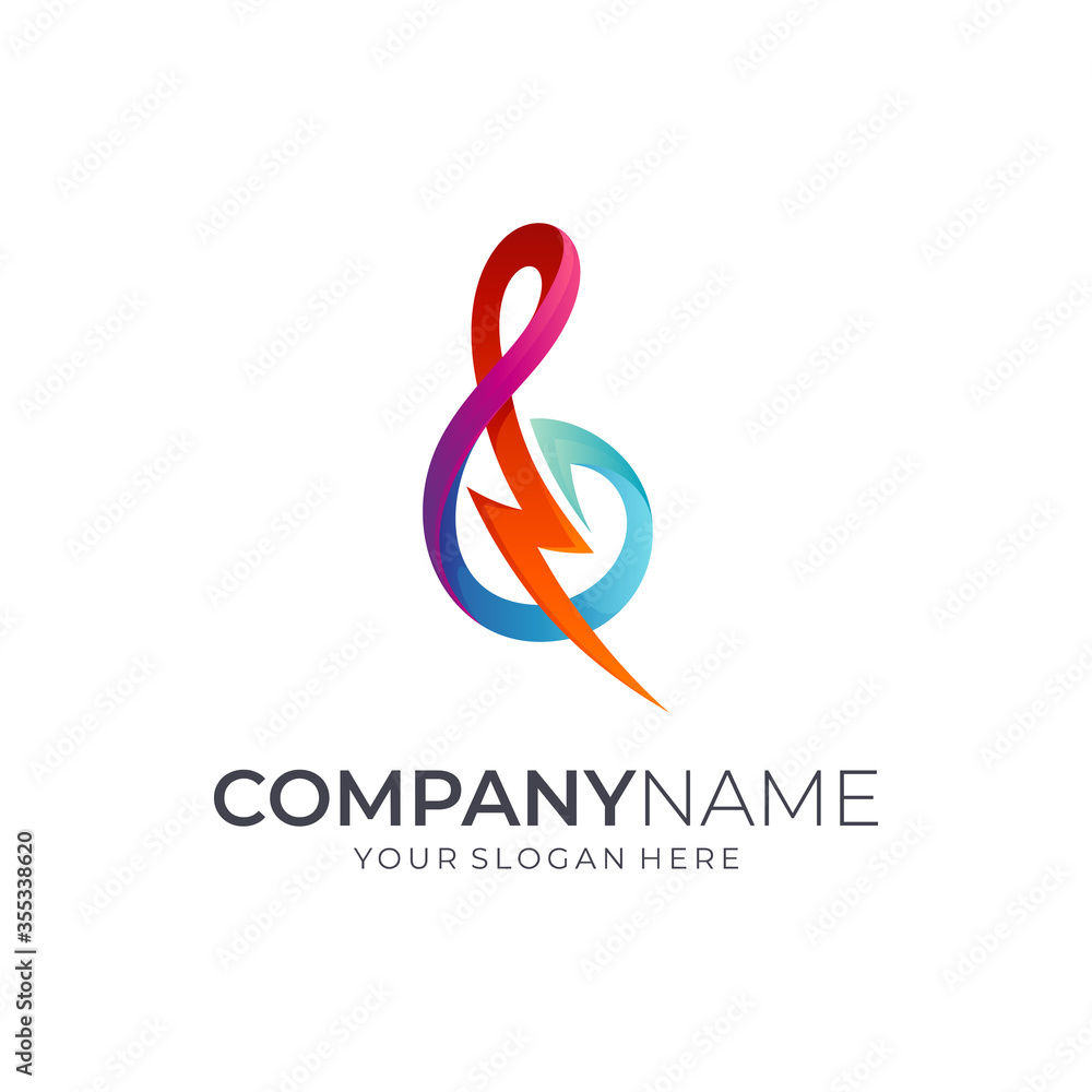 Fototapeta premium Music logo, Thunder with music note colorful gradient colors, Musical logo template suitable for singer audition, music school, audio app, concert and festival