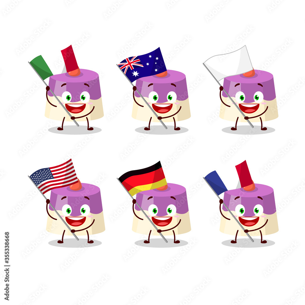 Cake cartoon character bring the flags of various countries Cake cartoon character bring the flags of various countries
