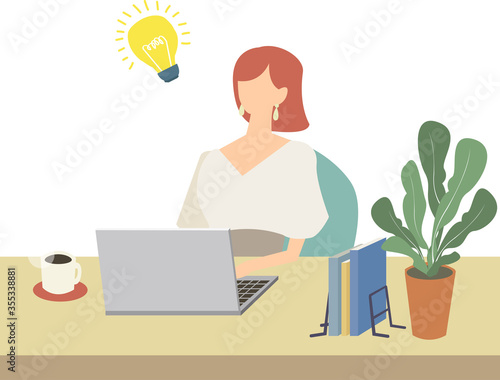 女性　デスクワーク　テレワーク　リモートワーク　ビジネス　自宅　ノートパソコン　ベクター　イラスト