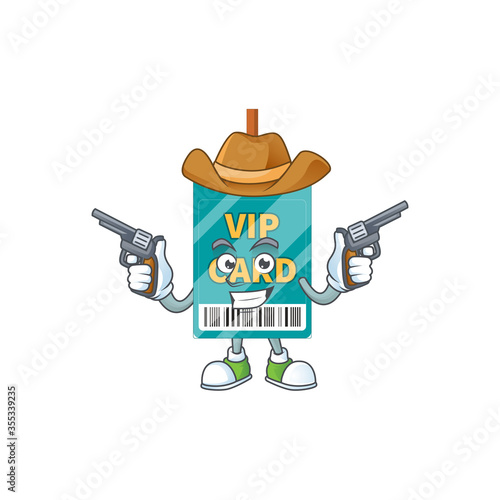 A masculine cowboy cartoon drawing of VIP pass card holding guns