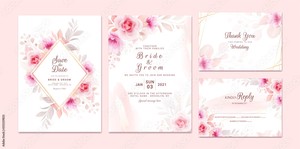 Wedding invitation template set with romantic floral frame and gold watercolor. Roses and sakura flowers composition vector for save the date, greeting, thank you, rsvp card vector