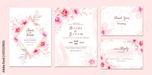 Wedding invitation template set with romantic floral frame and gold watercolor. Roses and sakura flowers composition vector for save the date, greeting, thank you, rsvp card vector