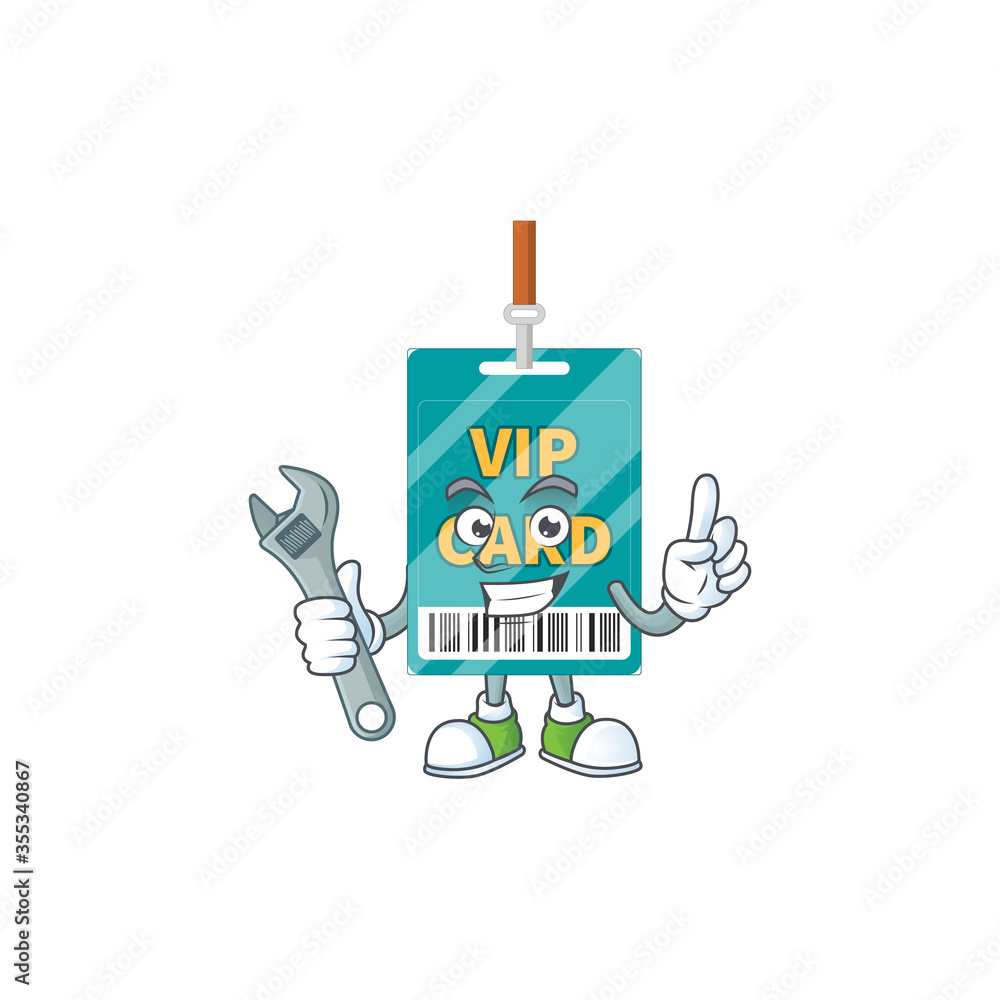 A smart mechanic VIP pass card cartoon mascot design fix a broken machine