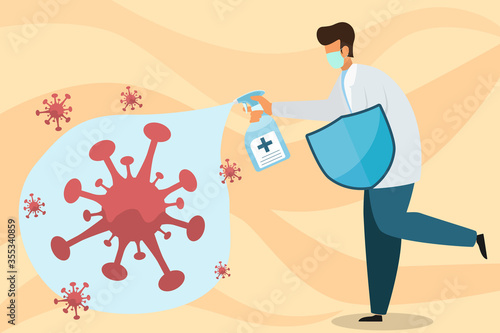 Doctor fighting cleaning and kill covid-19 or coronavirus prevent outbreak spreading concept. spray the cleaning sanitize chemical to disinfect COVID-19 virus. new normal, new life style. vector.
