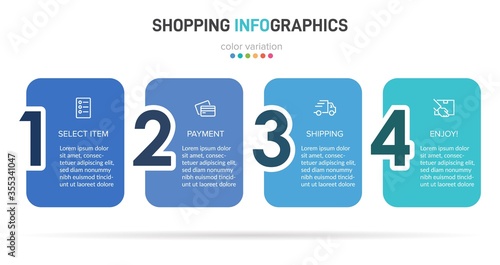 Concept of shopping process with 4 successive steps. Four colorful graphic elements. Timeline design for brochure, presentation, web site. Infographic design layout.