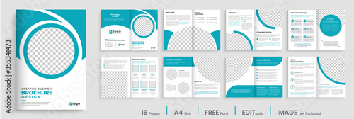 Brochure template design with blue modern shapes, 16 page, corporate, minimal business brochure template design.