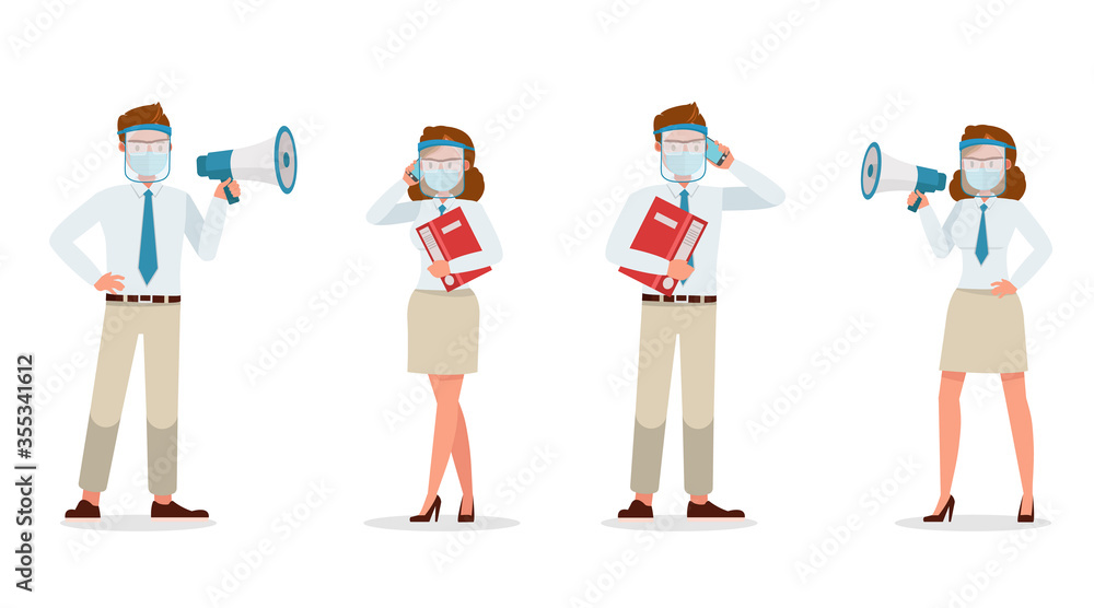 Businessman people wearing medical mask and face shield character vector design. Presentation in various action. New normal life. no6 Businessman people wearing medical mask and face shield character vector design. Presentation in various action. New normal life. no6