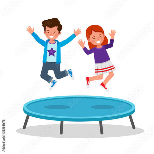 Children jumping on trampoline character vector design. Happy boy and girl playing together.
