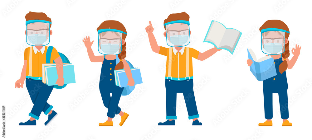 Set of children wearing medical mask and face shield character vector design. Presentation in various action with emotions. no2