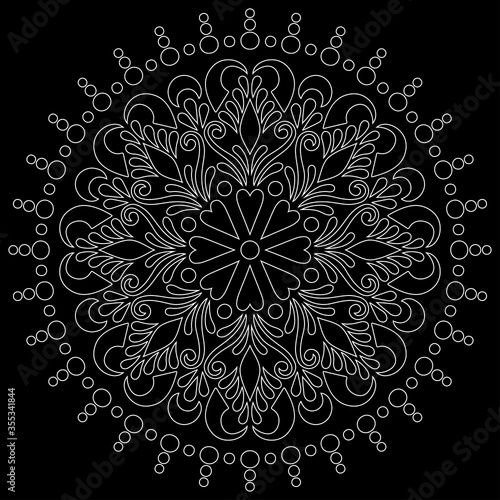 White outline mandala on a black doodles sketch
