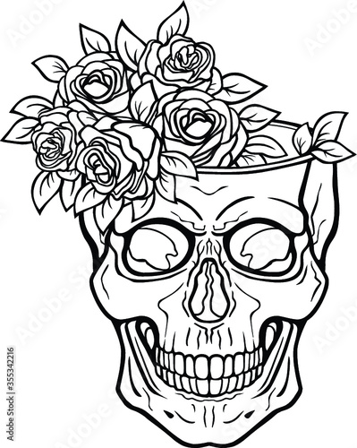 Linear drawing:  human skull - flower vase. Magic, esoteric, occultism. Vector illustration isolated on white background. Print, poster, T-shirt, card. 