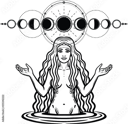 Mystical drawing: the female goddess with long hair. Phase of the moon. Magic, esoteric, occultism, fairy tale. Vector illustration isolated on a white background. Print, poster, t-shirt, card.
