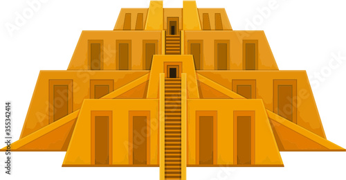Cartoon drawing: ancient Zikkurat. Architecture of Babylon, Assyria, Mesopotamia. Template for use. Vector color illustration isolated on white background.