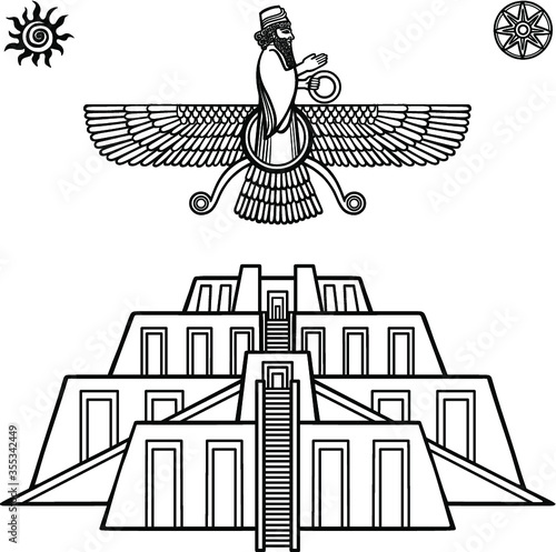 Cartoon drawing: ancient sacred Zikkurat, Image of Farvahar. Symbols of Babylon, Assyria, Mesopotamia. Template for use. Vector monochrome illustration isolated on white background.