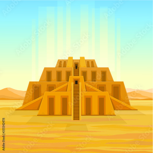 Animation drawing: Ancient Zikkurat in desert, flow of light tends into the sky. Cartoon mystical landscape. Architecture of Babylon, Assyria, Mesopotamia. Vector color illustration.