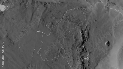 Mashonaland East, Zimbabwe - outlined. Grayscale photo