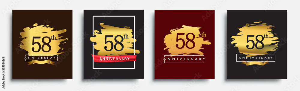 Set of Anniversary logo, 58th anniversary template design on golden brush background, vector design for greeting card and invitation card, Birthday celebration