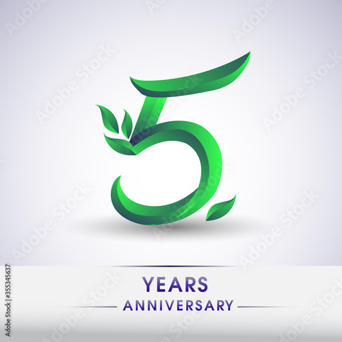 5th years anniversary celebration logotype with leaf and green colored. Vector design for greeting card and invitation card on white background.