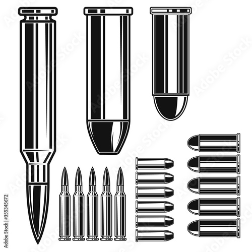 Illustration of ammunition and bullets isolated on white background. Design element for poster, card, banner, logo, label, sign, badge, t shirt. Vector illustration
